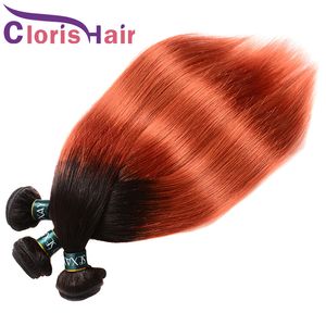 Dark Roots Orange Ombre Tejido de cabello humano 3 paquetes Virgen peruana Tejido recto sedoso Dos tonos 1B 350 Extensiones precoloreadas Consejos saludables