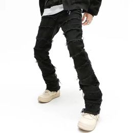 Donkere streetwear zwarte baggy grunge gestapelde jeans Y2K broek mannen patchwork hip hop rechte denim broek pantalones hombre 240305