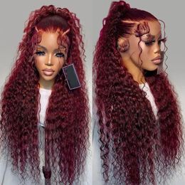 Perruque Lace Front wig synthétique bouclée et ample, rouge vin foncé, 13x4, sans colle, en Fiber résistante à la chaleur, naissance des cheveux naturelle, raie libre pour femmes