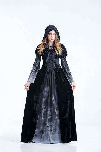 Costume de sorcière foncée pour femmes, Robe longue imprimée de crâne effrayant, Robe de fête d'halloween, reine des Vampire, Cosplay, tenue de sorcière démoniaque à capuche