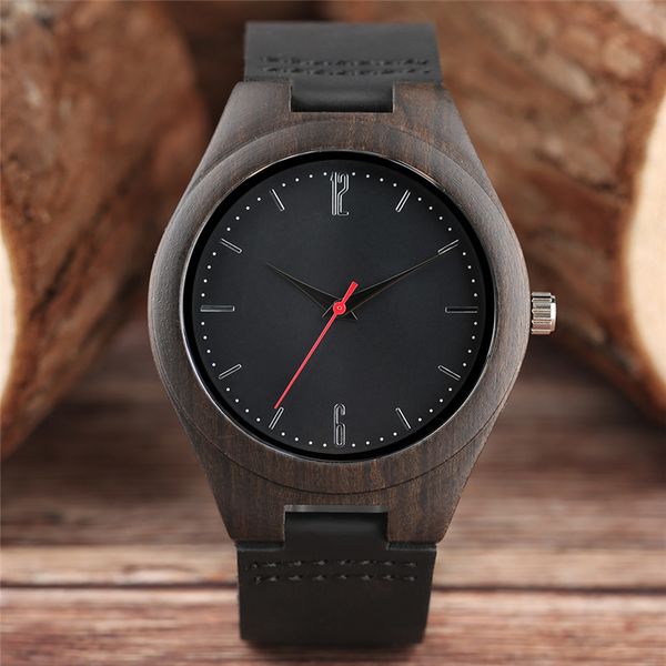 Montres en bois foncé de luxe Nature bois bambou Quartz montre hommes en cuir de haute qualité mâle femme unisexe horloge + sac cadeau