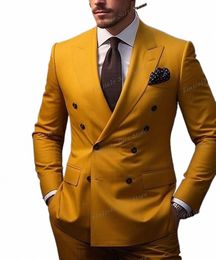 Men de jaune foncé Tuxedos Busin costume Groom Soupleur Prom Wedding Party Formal 2 pièces Set Veste Pantalon A0UV #