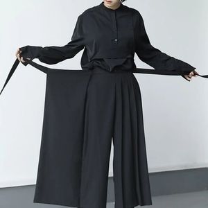 Darkness Veelzijdige slanke geplooide negenpunts wijde pijpen, unisex dubbellaags hoge taille losse strakke taille rechte culottes 240116