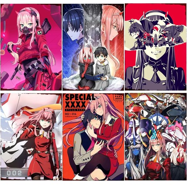 DARLING In The FRANXX Métal Peinture Vintage ZERO TWO Métal Tin Sign Home Room Wall Decor Strelizia Iron Poster Anime Wall Sticker 20x30cm Woo