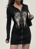 Darlingaga gothic grunge fairycore wings imprimé graphic zipper hooded bodycon robe femme sombre universitaire automne mini robes y2k 220808