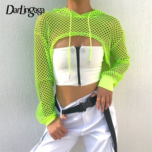 Darlingaga Streetwear Néon Vert Maille Résille Top Femmes Tshirt Perspective Smock À Manches Longues T-shirts Pour Femmes Sexy Chemise Courte 220407