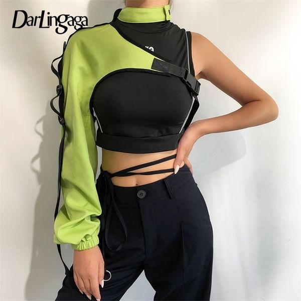 Darlingaga Streetwear Néon Halter Sweat À Capuche Boucle Réfléchissant Smock Une Épaule Femmes Sweatshirts Holographique Outwear 220811