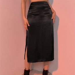 Darlingaga Vintage marron taille haute jupe femme Harajuku Satin Long côté fendu dames été gothique vêtements 220805