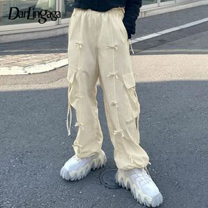 Darlingaga Y2K Harajuku Bow Low Rise Cargo Pants vrouwelijke Koreaanse mode trekstringzakken vaste baggy broek tech hevel 240410