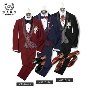 Daro 2020 Mannen Pak Bruidegom Bruiloft Tuxedo Nieuwe Stijl Blazer Slim Fit Jas Vest Pant 3 Stuk Zwart Blauw Wit Party DRV8910 X0909