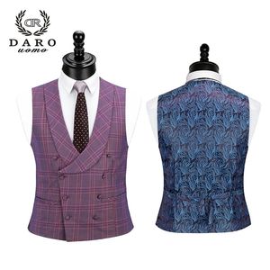 Daro Nieuwe Men Pak 3 stuks Fashion Plaid Suit Slim Fit Blue Purple Trouw Jurk Suits Blazer Pant en Vest DR8193 201124