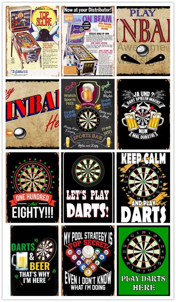 Darts Billiards Pinballs Logotipo de metal de metal, Vintage Retro Poster Art Decoración de letreros de puerta creativa para bares Cafes Pub Home 12x8 en