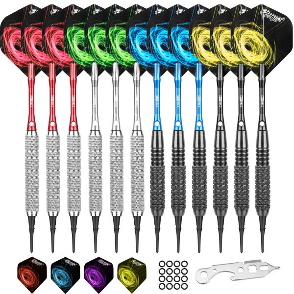 Fléchettes Cyeerife 17 + 18G Plast Plôles 12 packs avec 4 couleurs Arbres en aluminium + anneaux en caoutchouc + 100 points doux + outil + 12 combats