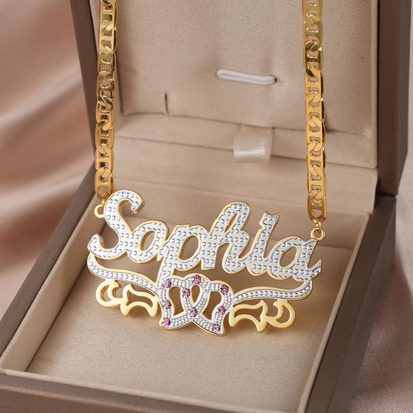 Dascusto Collar personalizado con nombre y placa con nombre, gargantilla con colgante de doble diamante chapado en oro 3D de 18 quilates, cadena de dos tonos para mujer 240221