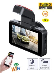 Cámara de salpicadero DVR para coche 24H HD 1296P cámara grabadora de vídeo de doble lente caja negra ciclo Dashcam GPS integrado con WiFi G-Sensor