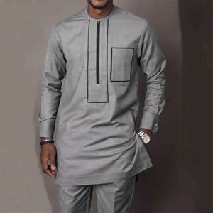 Dashiki hommes vêtements gris ethnique Social à manches longues T-Shirt pantalon 2 pièces tenue ensemble traditionnel Ropa Hombre haut pantalon 231229