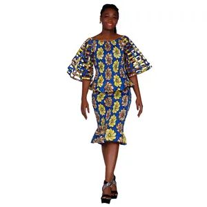 Dashiki, vestido de fiesta, falda africana, conjunto para mujer, Ankara, hasta la rodilla, elástico elástico, hombros descubiertos, manga hueca, vestido africano para mujer WY650