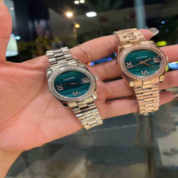 DATE Luxe Femmes Automatique Mécanique Cristal Diamants Montre Or Rose Cadran Vert Chiffre Romain Horloge En Acier Inoxydable Saphir