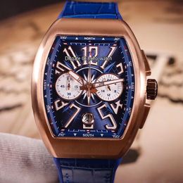 Datum Nieuwe SaratoGe Rose Gold Case V45 CC DT Yachting OG Blue Dial White Subdial Automatic Mens Horloge Blauw Leer / Rubber Riem Huisjes Horloges