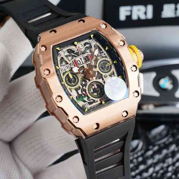 Fecha Reloj Richardmill Rms11 Mecánico de lujo para hombre Clásico Automático Mecánico Autoviento Plata Oro rosa Caucho negro Acero inoxidable Esfera amarilla