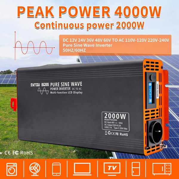 DATOUBOSS onduleur à onde sinusoïdale Pure 4000W DC 12V 24V 36V 48V 60V à AC 220V 240V onduleur puissance continue 2000W