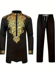 Daupanzees Cómodes para hombres África 2 piezas Set tradicional Dashiki Camisa y pantalones de botones de oro de manga larga set 240425