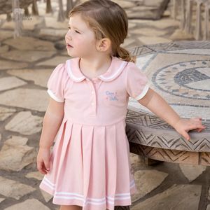 Dave Bella White Pink Soda Cotton Girls Jurken Baby College Style Summer Children Pleated Dress DB2235525 240416