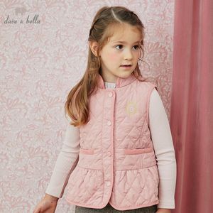 dave bella hiver enfants filles 5Y-13Y mode plaid lettre poches rembourré manteau enfants mode gilet sans manches LJ201126