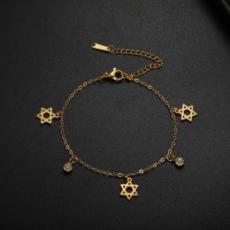 Pulsera de estrella de David para mujer, joyería judía de oro amarillo de 14k, pulsera de circón transparente Hexagonal ajustable, joyería