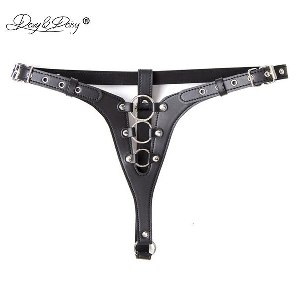 DAVYDAISY femmes ceinture de chasteté anneaux en métal culottes sexy en cuir PU tongs Lingerie slips exotiques sous-vêtements féminins UN518 240311