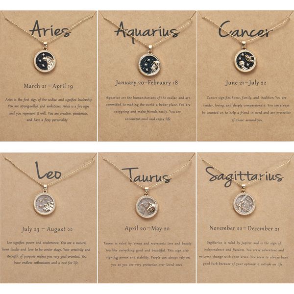 Collar con signo del zodiaco de día y noche para mujer, colgante de 12 constelaciones, gargantilla de cadena con cuentas, joyería de cumpleaños para mujer, tarjeta de cartón