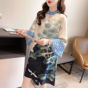 Dayifun Chinese stijl jurken 2023 Zomerstand Kraag afdrukken T -shirt Lady Temperament losse middelste mouw Cheongsam -jurk 240220