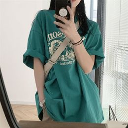 DAYIFUN Tshirt Demi Manches Femme Vert Lettre Impression Tees Lâche Casual Oneck Mode Tops Femmes Vêtements D'été 220526