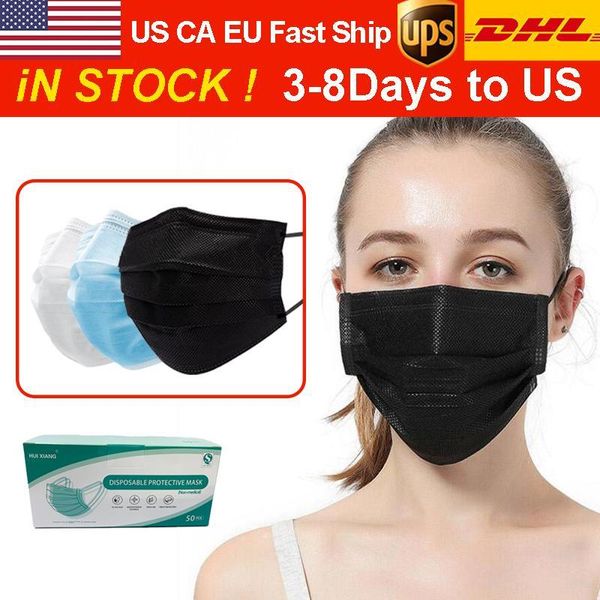 Jours Us/eu gratuits vers Dhl/ups 3-8 50pcs avec boîte masques jetables avec boucle d'oreille élastique masque de créateur de mode respirant 3 plis