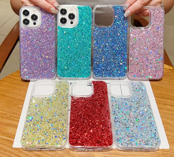 Étuis de confettis en feuille brillante pour iPhone 15 Plus 14 Pro Max 13 12 11 X XR XS 8 7 6 Luxe Soft TPU Bling Paillettes Glitter Sparkle Sparkly Smart Mobile Cell Phone Back Cover Skin