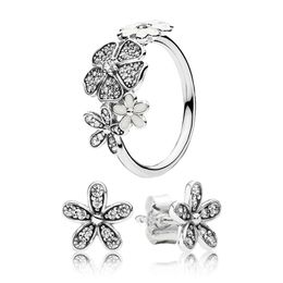 Dazzling Daisies Stud Pendientes Juego de anillos para Pandora 925 Juego de joyas de diseñador de plata esterlina Para mujeres niñas Anillos de flores de diamantes de cristal Pendiente con caja original