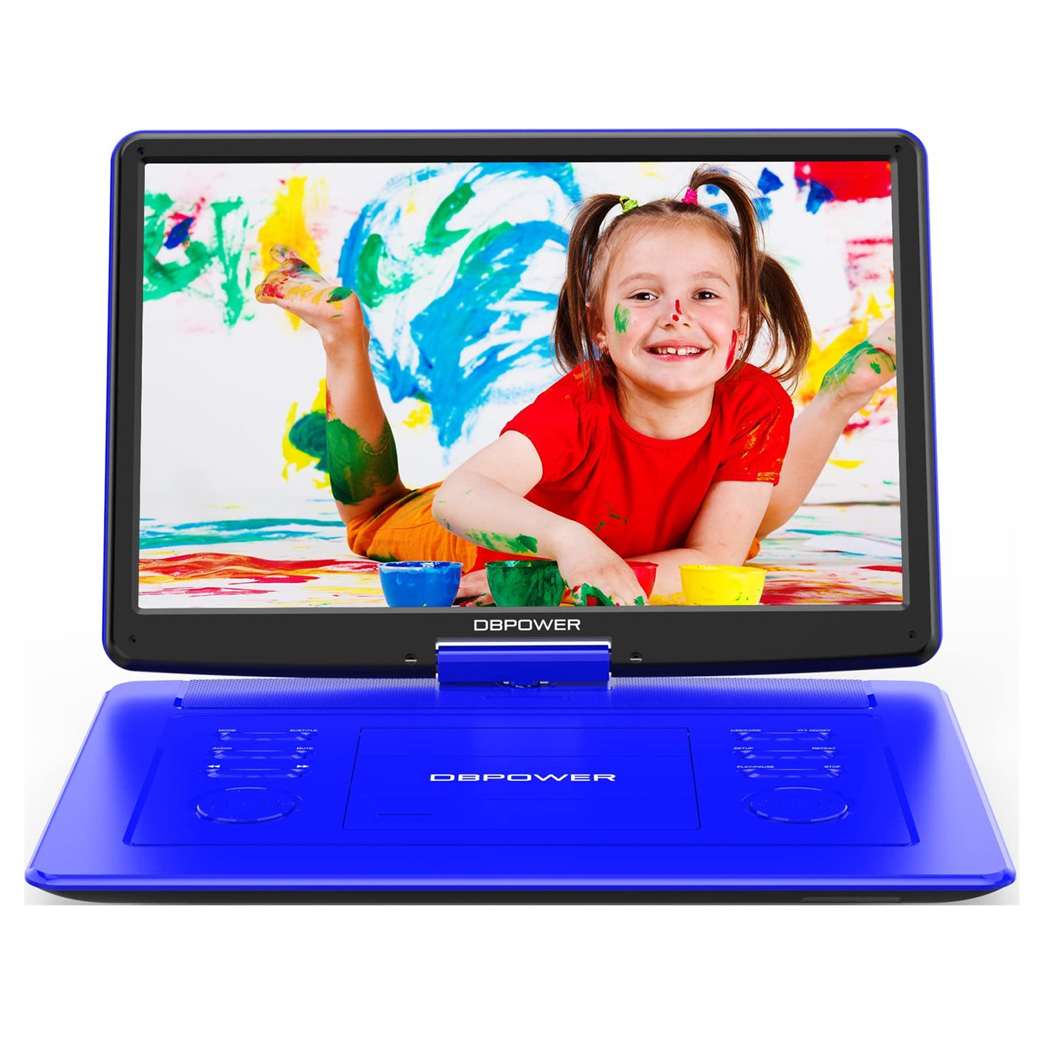 DBPOWER Reproductor de DVD portátil para automóvil con pantalla giratoria grande de 15,6 pulgadas, batería recargable de 6 horas, compatible con DVD/CD/tarjeta USB/SD y otros formatos de disco múltiples Sincronización de TV Azul