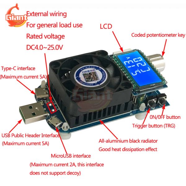 DC 4-25V probador de batería de carga electrónica de carga USB Capacidad de la batería Probador Voltímetro Indicador Propiedad de carga rápida Probador de carga rápida