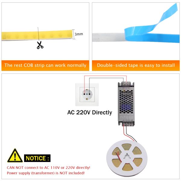 DC 5V 12V 24V COB LED Strip 320 384 480 528leds / m Barre de lumière de bande LED COB Flexible High Density Bar de 3 mm 5 mm 8 mm PCB LIGHT