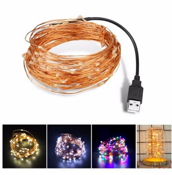 Tira de luces LED con cargador USB de 5V CC, 5m, 10m, alimentada por USB, cinta de alambre de cobre RGB, filas de iluminación para vacaciones, árbol de Navidad de hadas para exteriores, 5 uds.