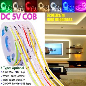 DC 5V LED COB Strip Lights USB Hoge dichtheid 320leds/m Hoge helderheid Flexibel Tape Licht Warm Natuurlijk Roodblauw Green Pink