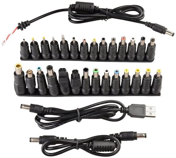 Câble de chargement CC, avec 28 embouts femelles CC de différentes tailles 5,5 x 2,1 mm vers mâle et 3 câbles USB ou cordon CC.