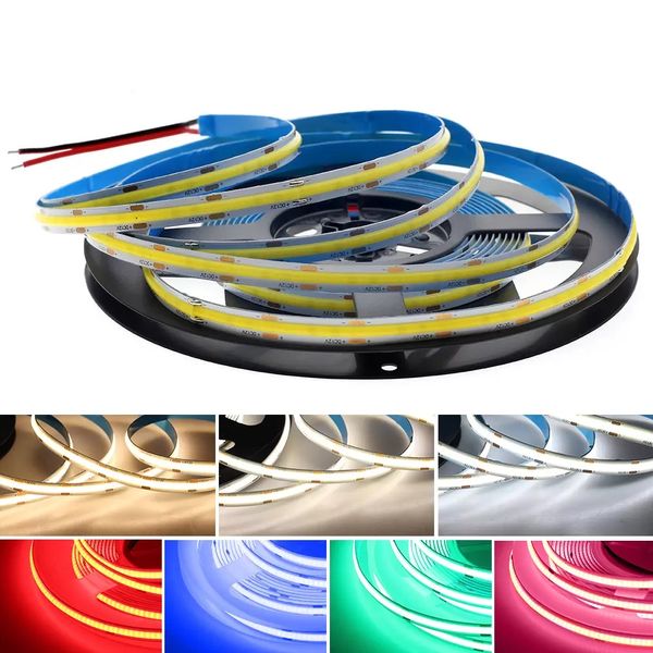 Tira de luz LED COB Flexible DC12V 24V para iluminación decorativa, cinta suave de alto brillo blanco, rojo, verde, azul, rosa y dorado, 480LED