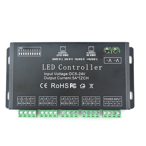 DC5V-24V 12 canales DMX 512 RGB Controlador de tira de LED Decodificador Controlador de atenuación Uso para módulo de tiras de LED