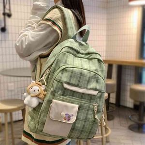 DCIMOR Grande capacité Multi-poches Coton et Lin Femmes Sac à dos Preppy Style Plaid Schoolbag College Student Laptop Backpack 210922