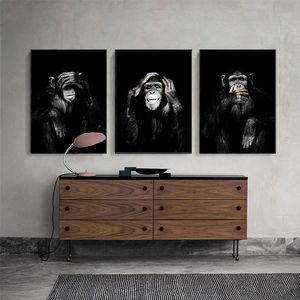 DDHH Big Size Poster Canvas Painting Animal Wall Art Dark 3 Funny Monkey Poster en Print for Living Room Home Decor No Frame