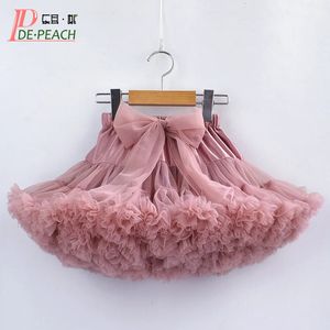 De Peach Lace Bow Baby Rok Fluffy Childrens Ballet Pettiskirt Childrens Princess Tulle Party Dance Skills 240528