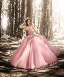 De Vestidos 15 Roze Prinses Quinceanera Jurken Kristal Kralen Sweetheart 16 Jurk Abiti Da Cerimonia Prom Jassen