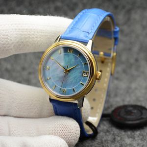 De Ville Prestige Reloj Automático Mecánico Caja de oro Esfera azul Correa de cuero Fecha Cristal de zafiro 32 mm Mujer Miyota 2813 Relojes de pulsera