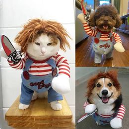 Disfraz de perro muñeco mortal de muñeca Cosplay Cosplay Ropa de perro de gato novedoso para Halloween Navidad lindo aterrador y espeluznante disfraz de mascotas